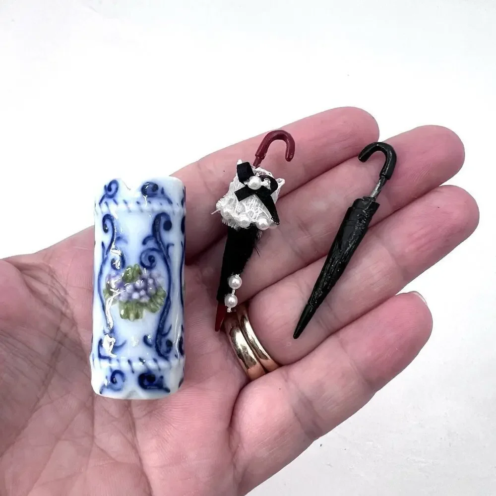 Vintage Ceramic Umbrella Holder with 2 Umbrellas Dollhouse Miniature 1:12